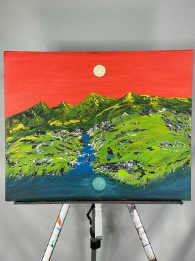 Original Mountain Landscape Painting Artwork On Canvas Panel 20”x 16”